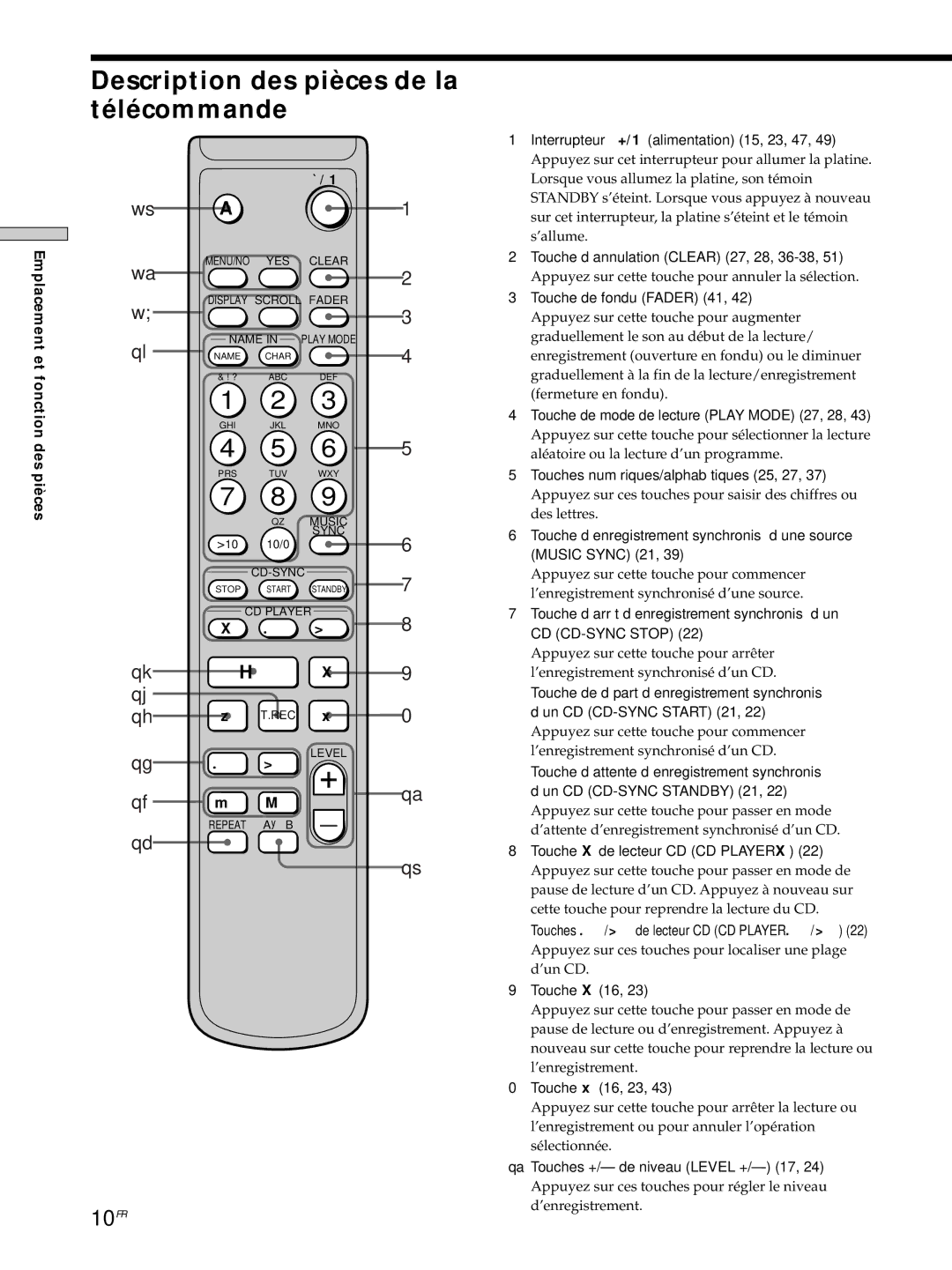 Sony MDS-JE530 manual Description des pièces de la télécommande, 10FR 