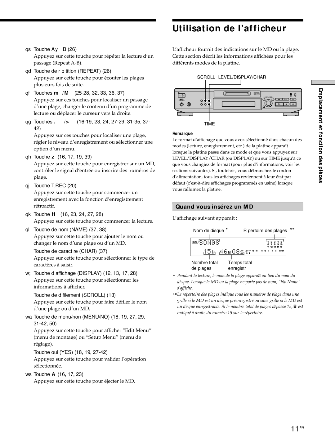 Sony MDS-JE530 manual Utilisation de l’afficheur, 11FR, Quand vous insérez un MD 