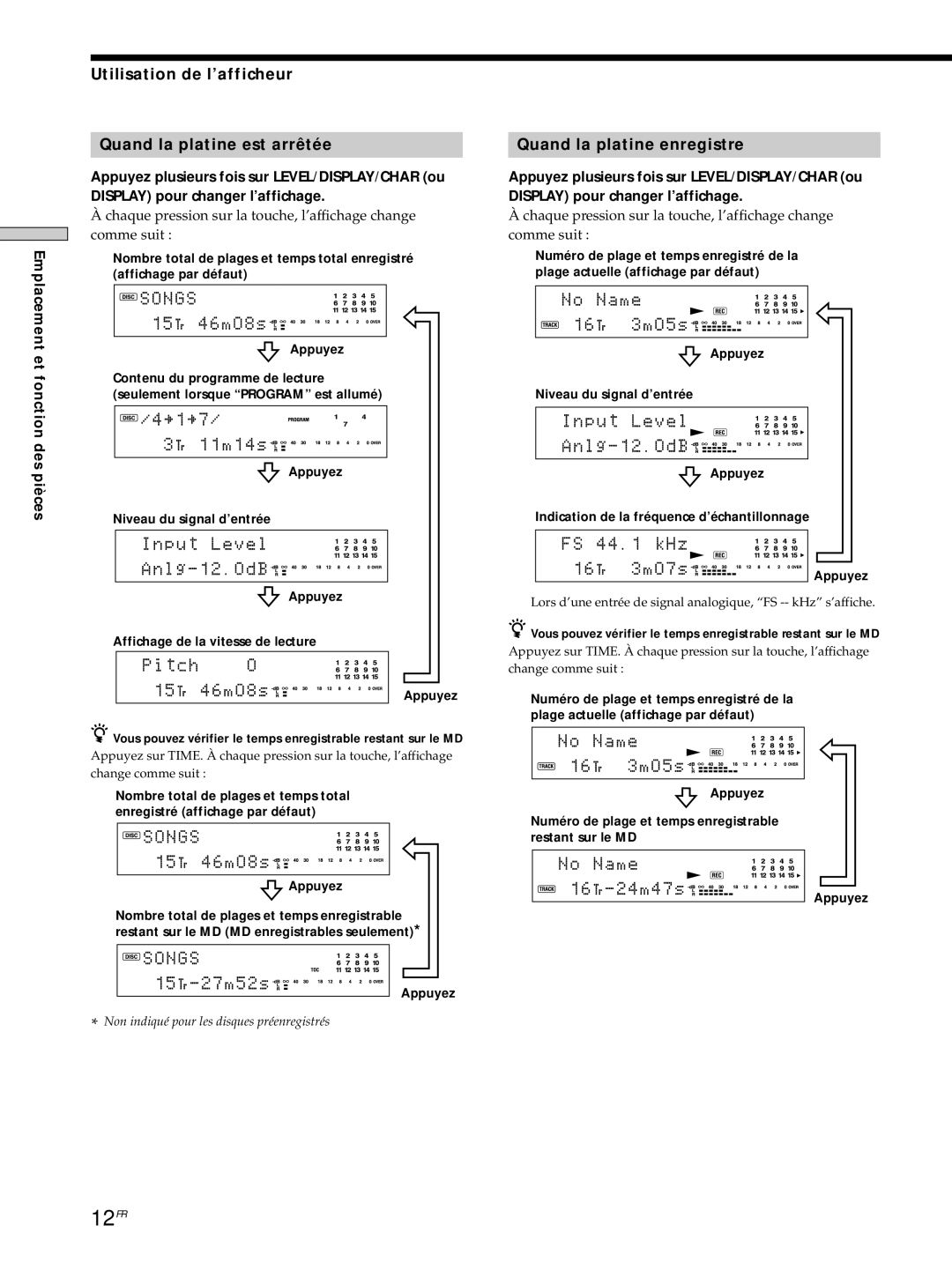 Sony MDS-JE530 manual 12FR, Utilisation de l’afficheur Quand la platine est arrêtée, Quand la platine enregistre 