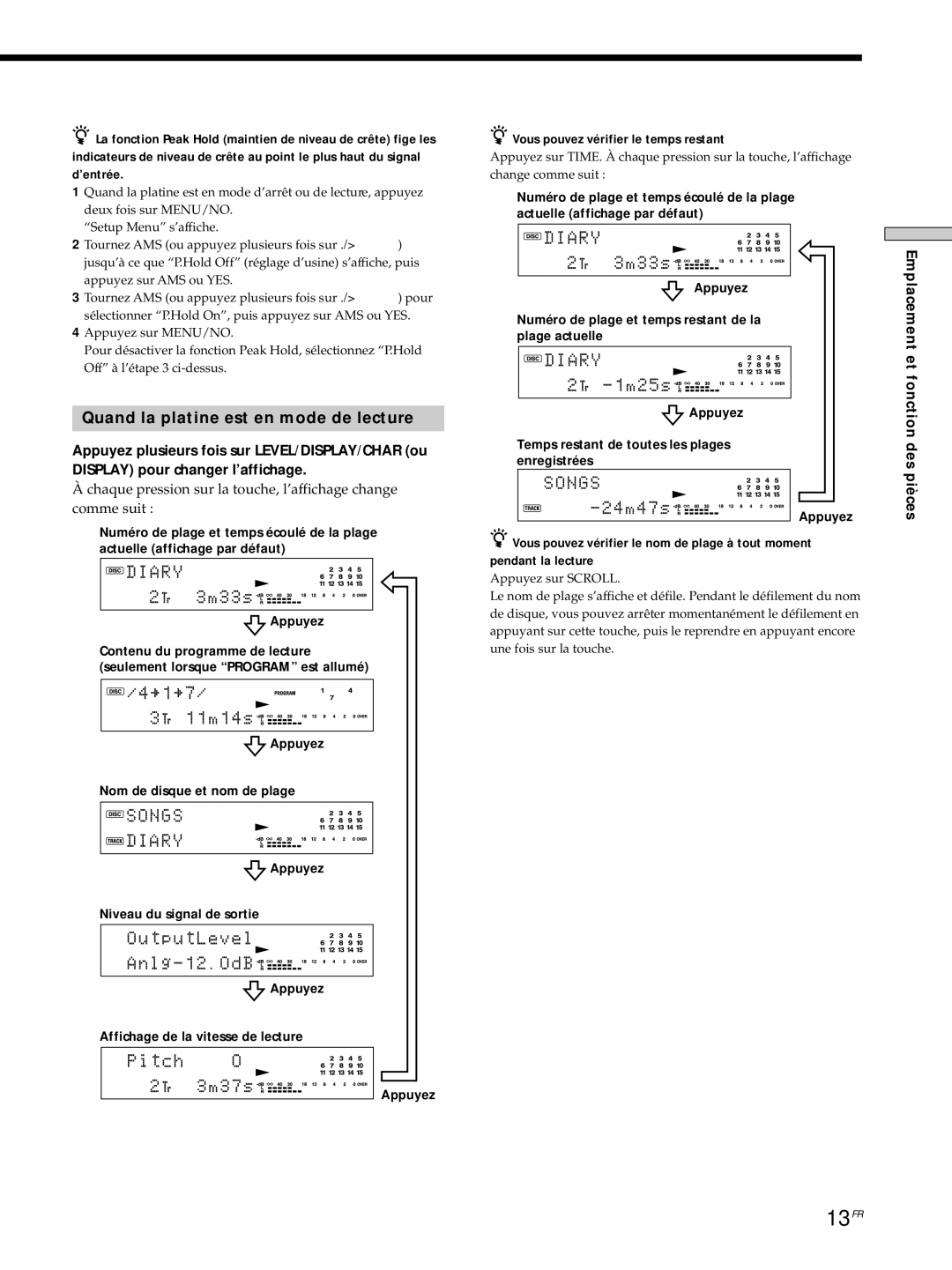 Sony MDS-JE530 manual 13FR, Quand la platine est en mode de lecture 