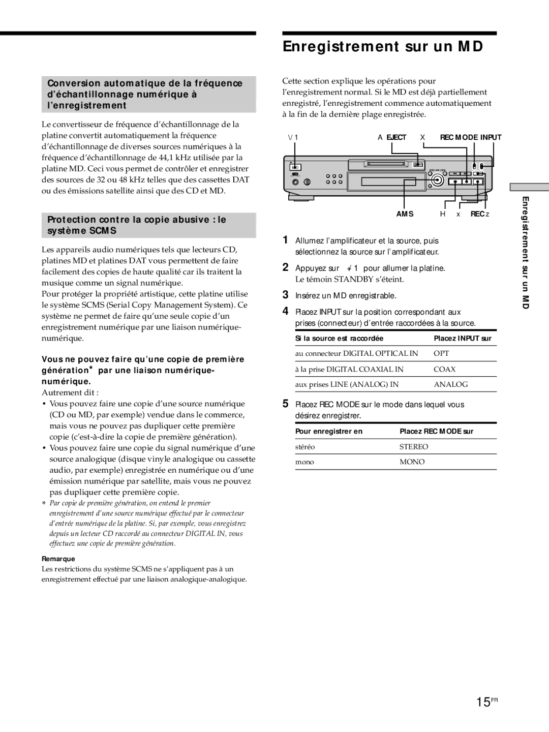 Sony MDS-JE530 manual Enregistrement sur un MD, 15FR, Protection contre la copie abusive le Système Scms 