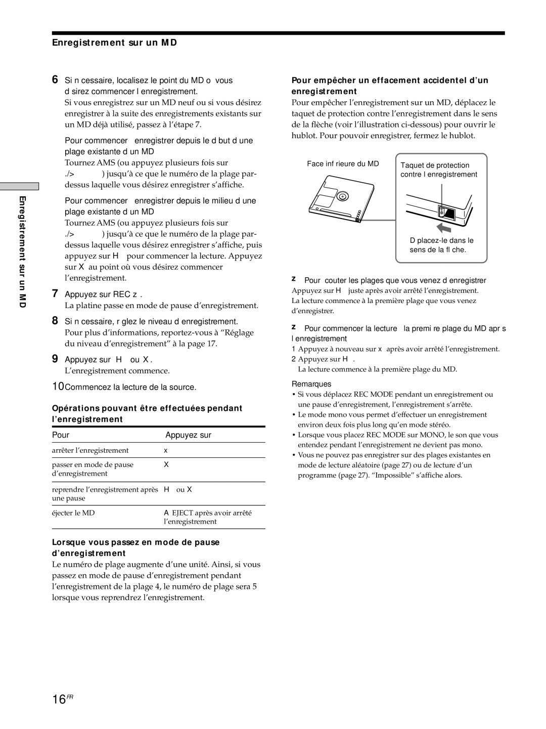 Sony MDS-JE530 manual 16FR, Enregistrement sur un MD 