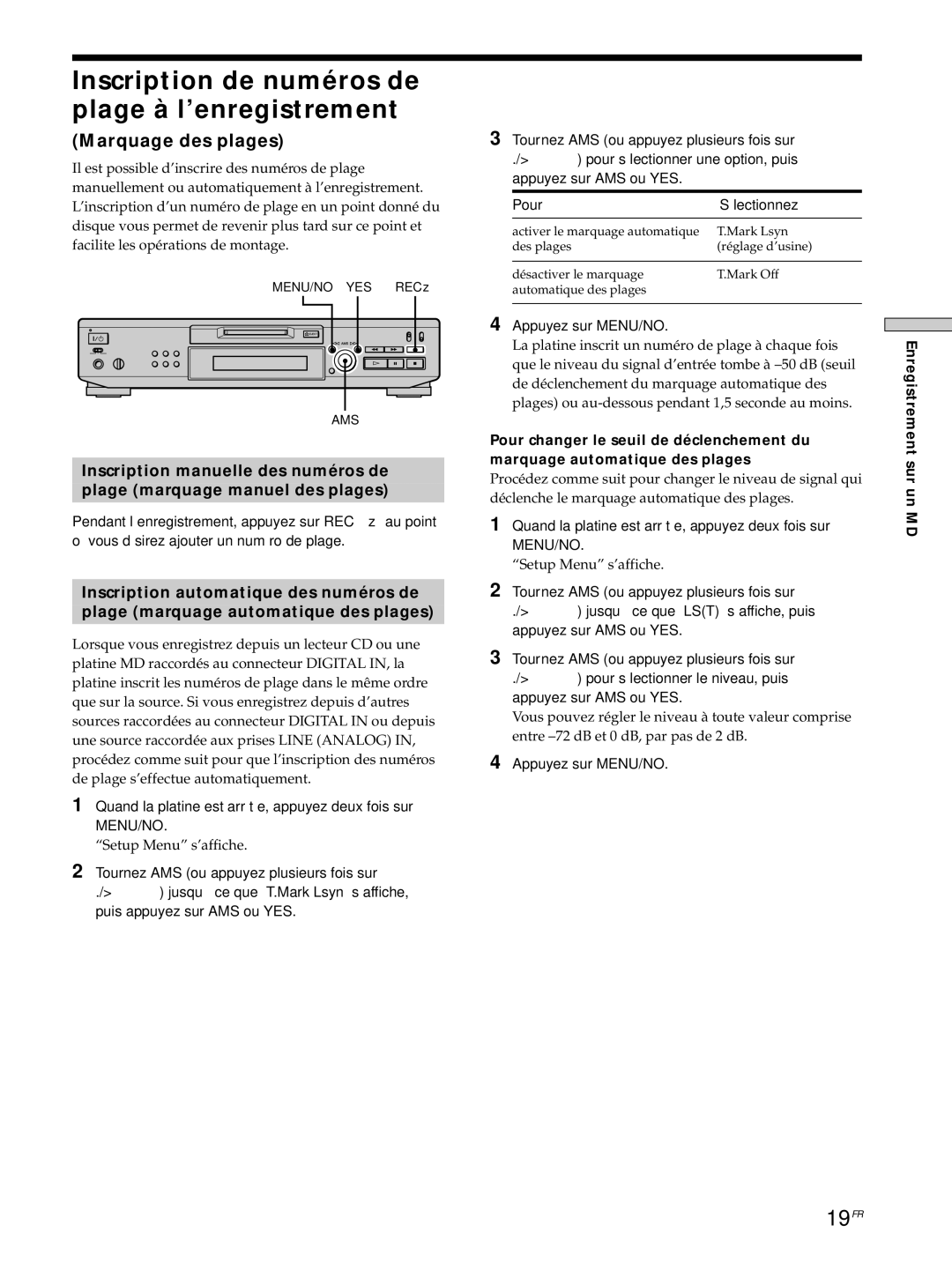 Sony MDS-JE530 manual Inscription de numéros de plage à l’enregistrement, 19FR, Marquage des plages 
