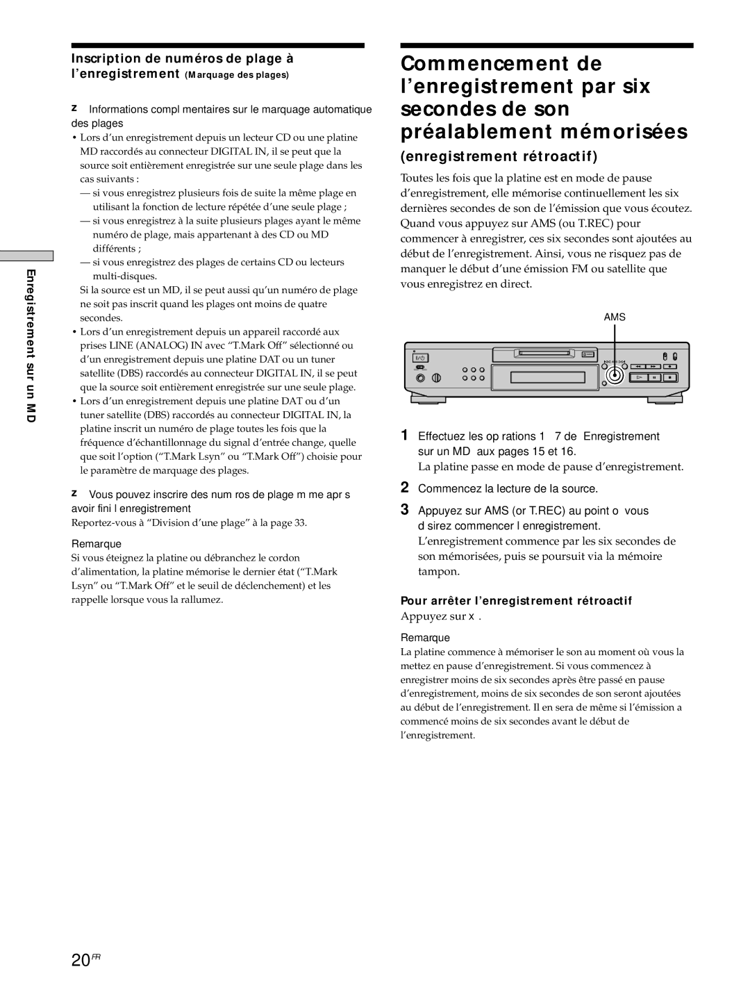 Sony MDS-JE530 manual 20FR, Enregistrement rétroactif, Inscription de numéros de plage à l’enregistrement, Appuyez sur 