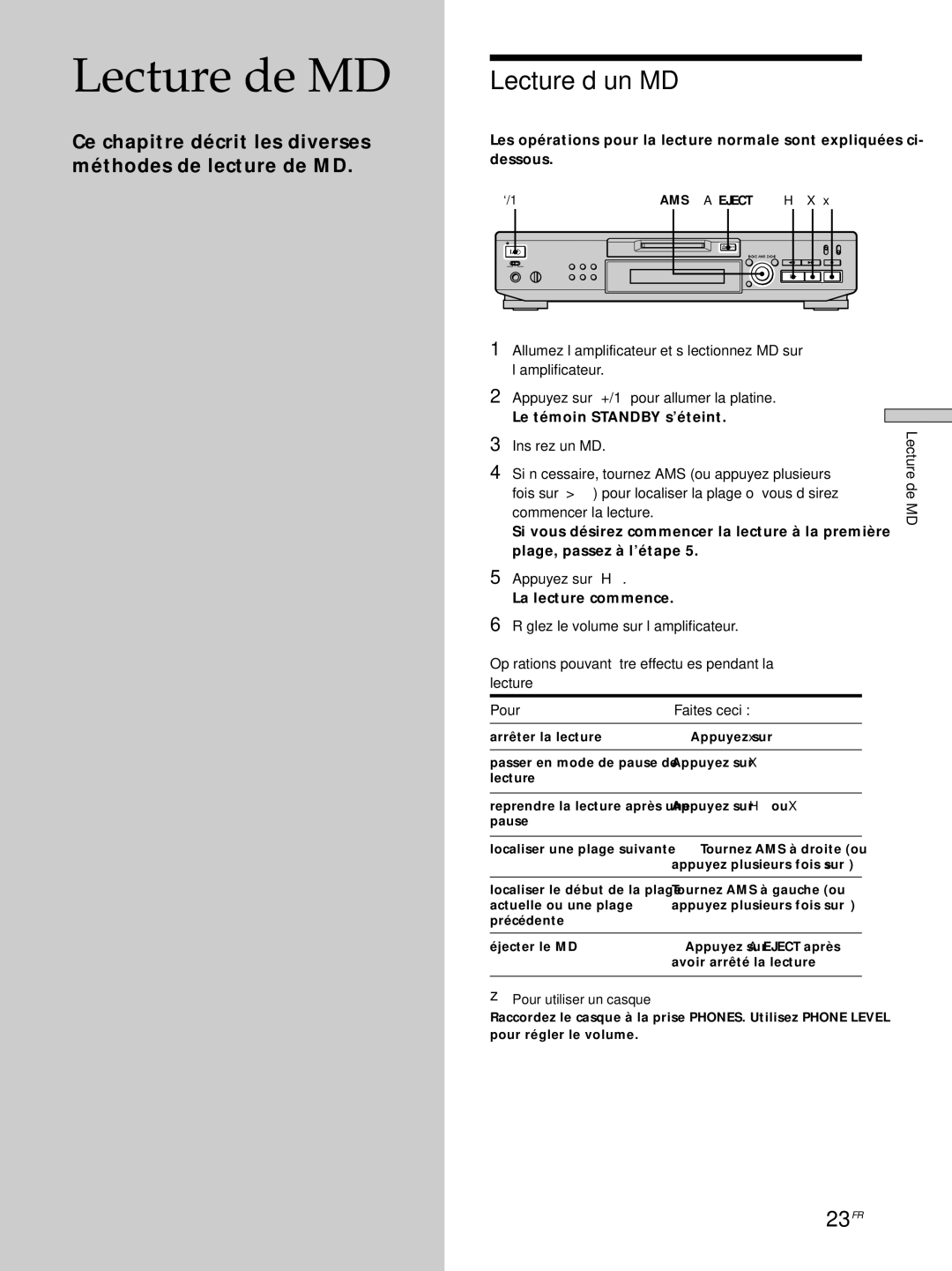 Sony MDS-JE530 manual Lecture de MD, Lecture d’un MD, 23FR, Appuyez sur H 