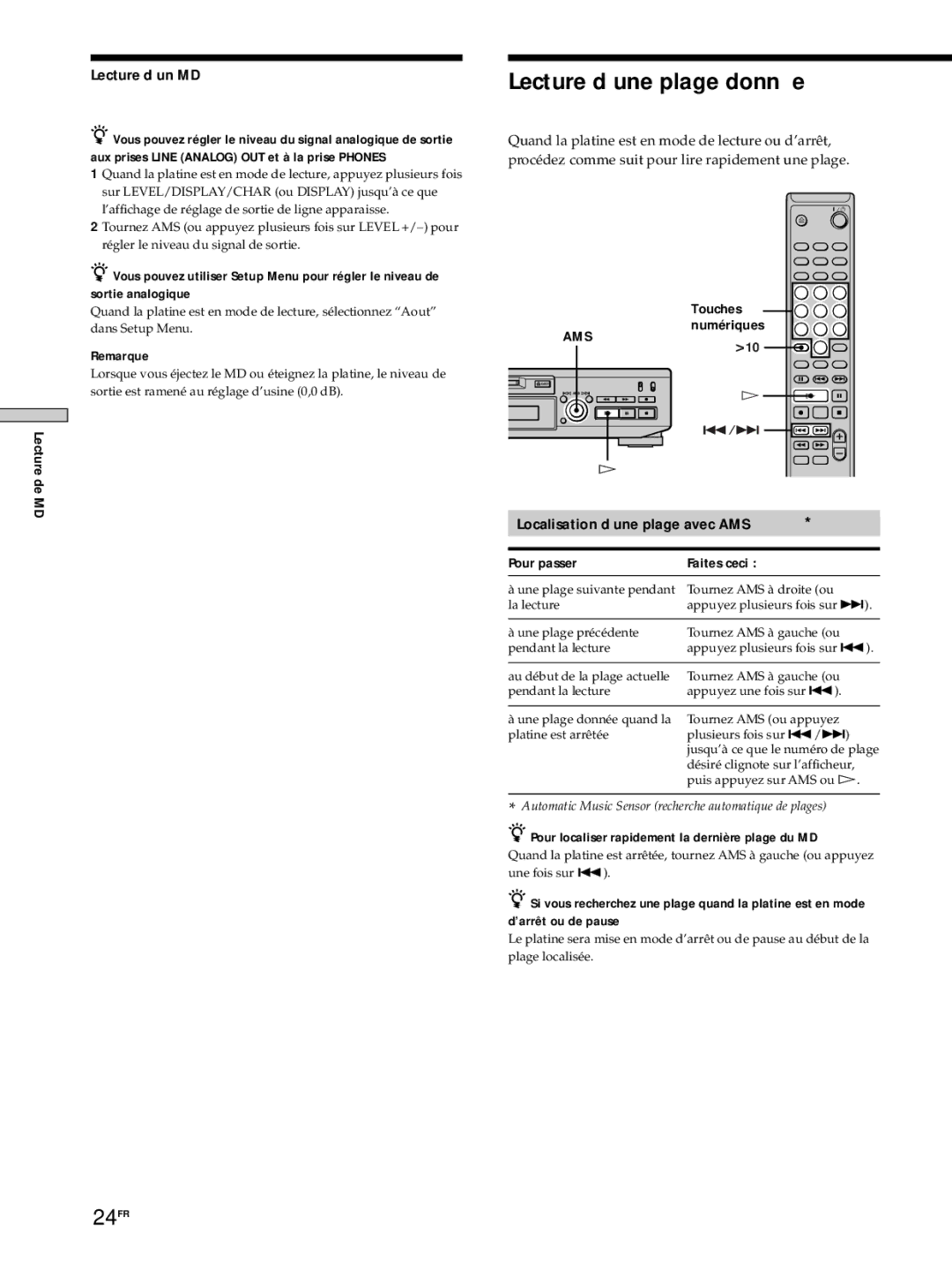 Sony MDS-JE530 manual Lecture d’une plage donnée, 24FR, Lecture d’un MD, Localisation d’une plage avec AMS 