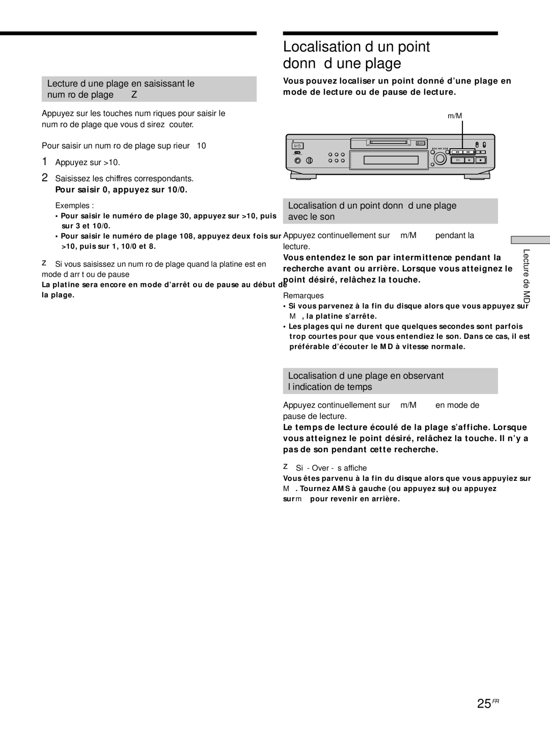 Sony MDS-JE530 Localisation d’un point donné d’une plage, 25FR, Lecture d’une plage en saisissant le Numéro de plage Z 