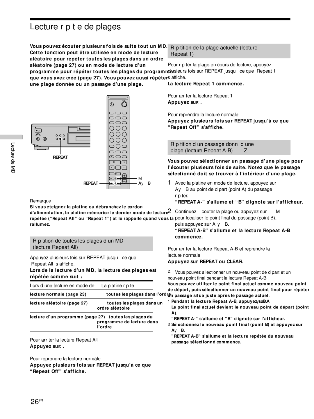 Sony MDS-JE530 manual Lecture répétée de plages, 26FR, Répétition de toutes les plages d’un MD Lecture Repeat All 