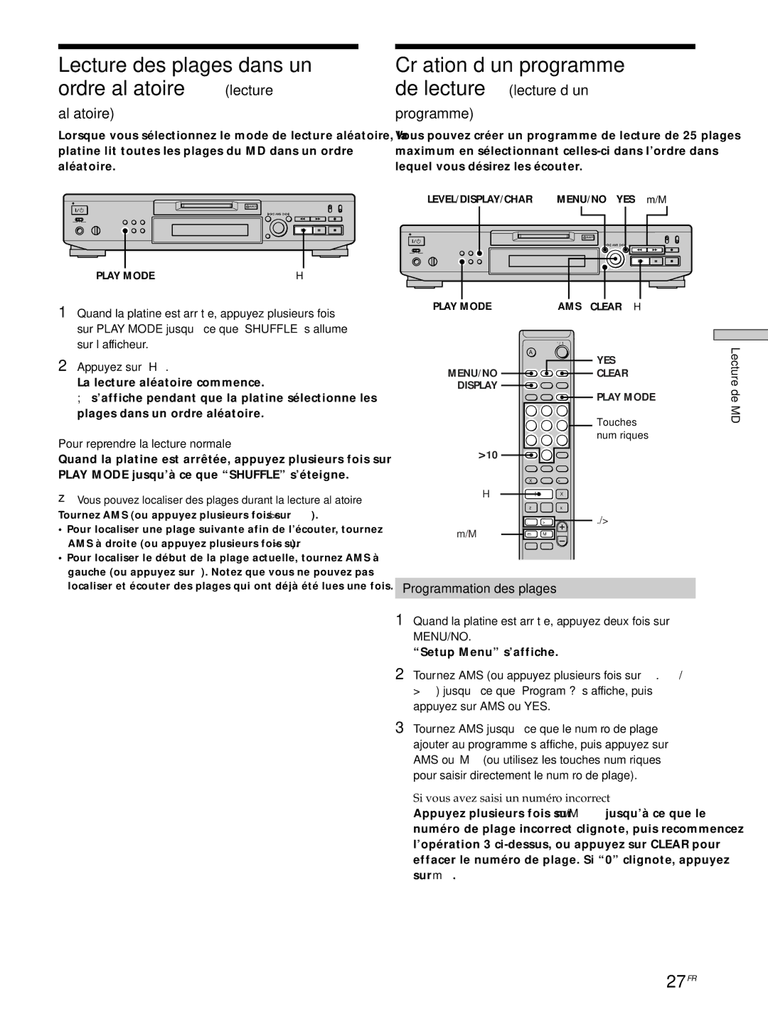 Sony MDS-JE530 manual Lecture des plages dans un ordre aléatoire lecture, Création d’un programme, 27FR, Aléatoire 