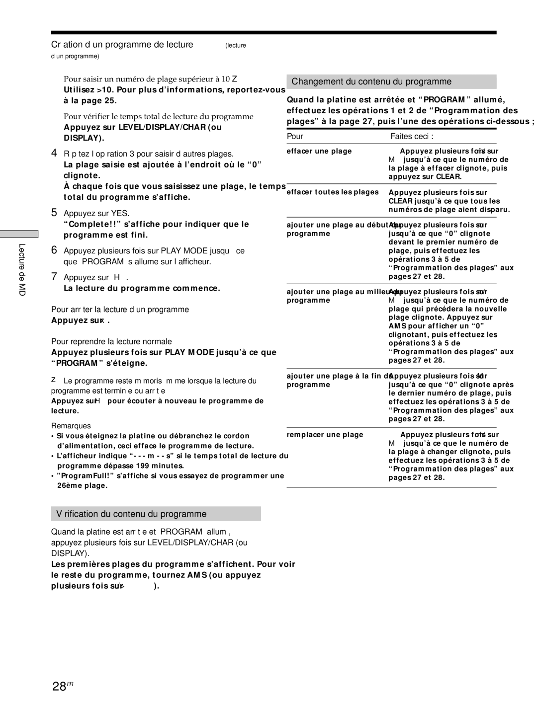 Sony MDS-JE530 manual 28FR, Création d’un programme de lecture lecture, Vérification du contenu du programme 