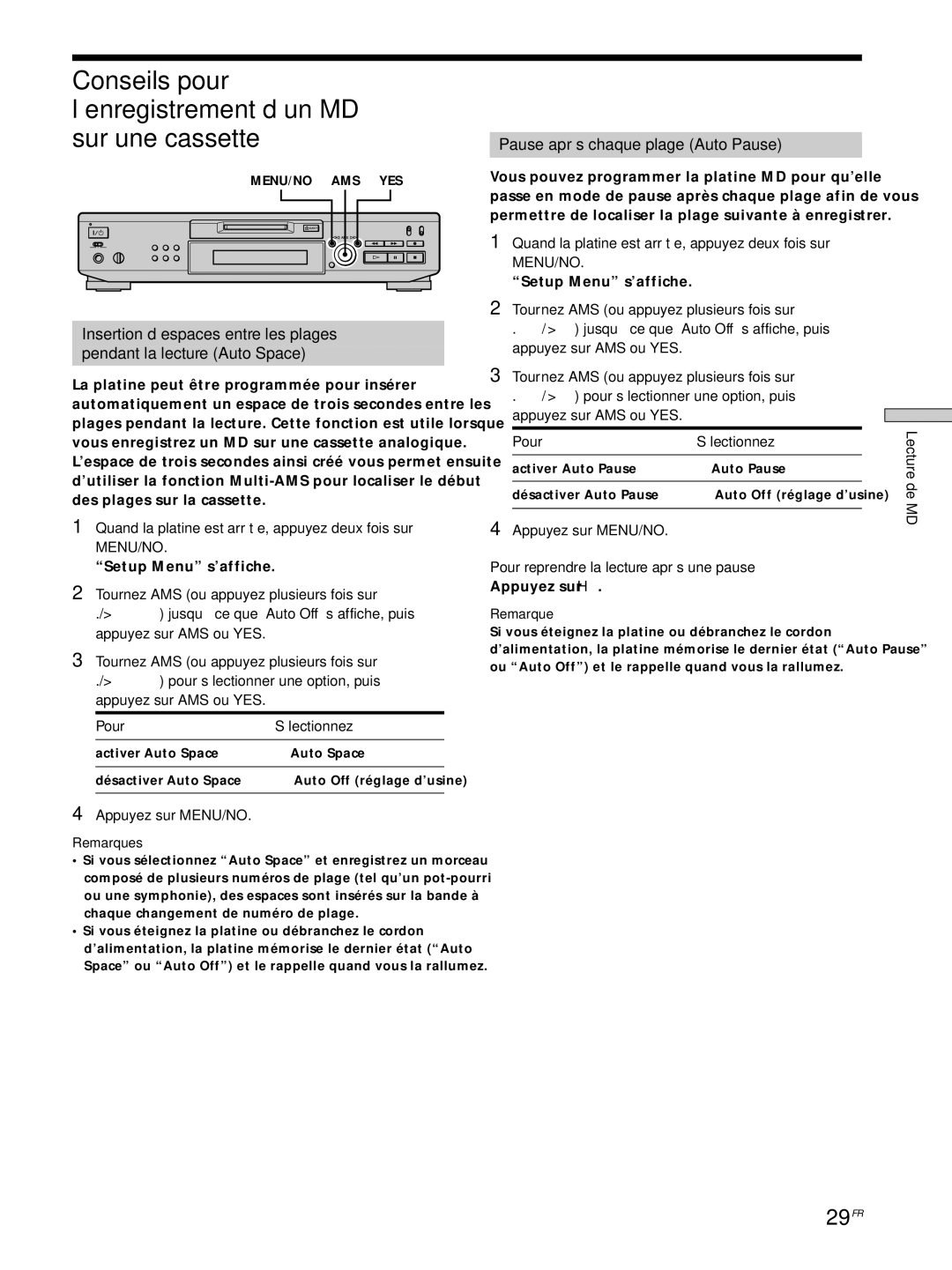 Sony MDS-JE530 manual Conseils pour l’enregistrement d’un MD sur une cassette, 29FR, Pause après chaque plage Auto Pause 