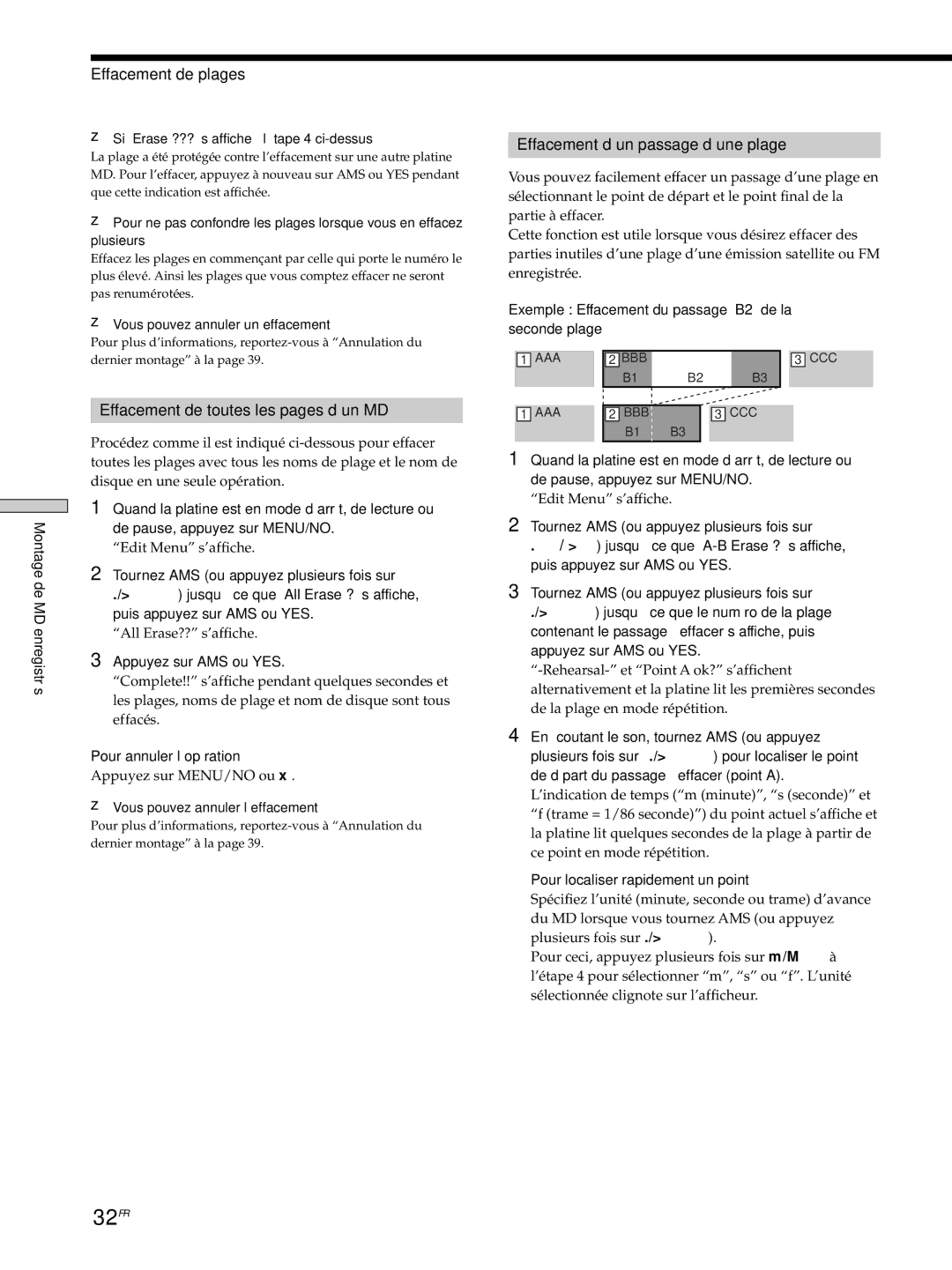 Sony MDS-JE530 32FR, Effacement de plages, Effacement de toutes les pages d’un MD, Effacement d’un passage d’une plage 