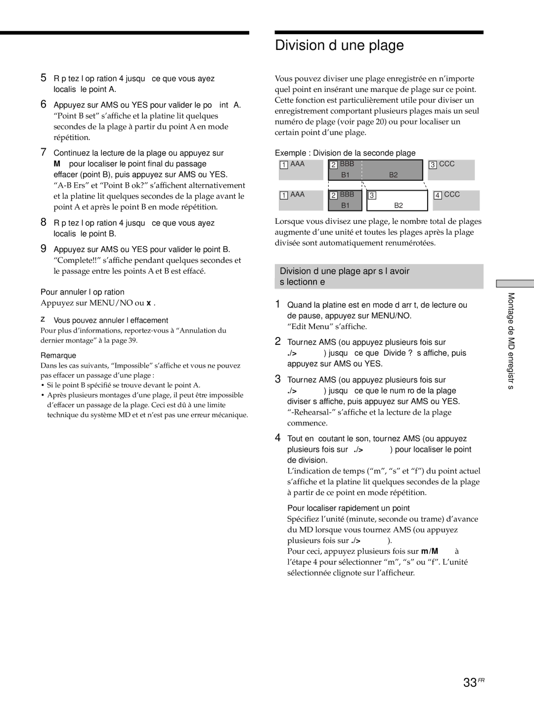 Sony MDS-JE530 manual 33FR, Division d’une plage après l’avoir Sélectionnée, Exemple Division de la seconde plage 