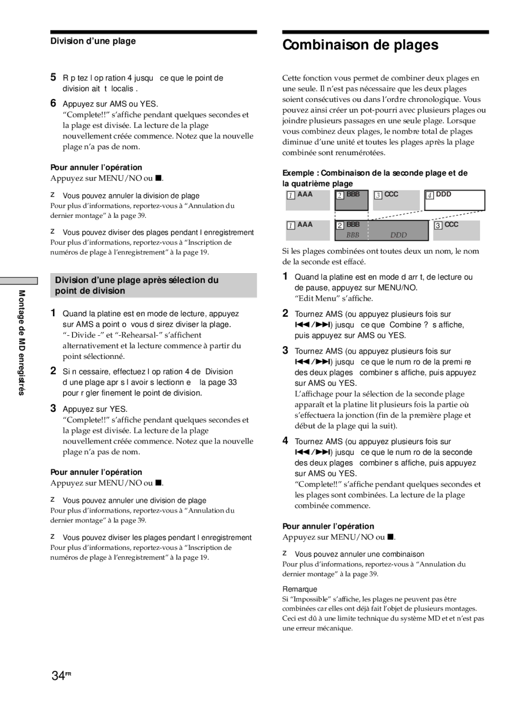 Sony MDS-JE530 manual Combinaison de plages, 34FR, Division d’une plage 