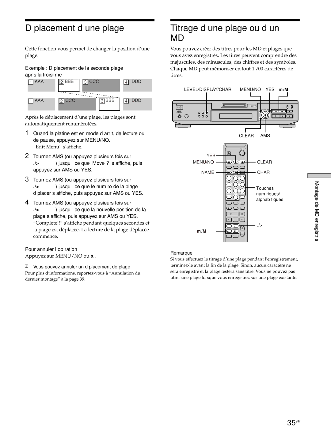 Sony MDS-JE530 manual Déplacement d’une plage, Titrage d’une plage ou d’un, 35FR 