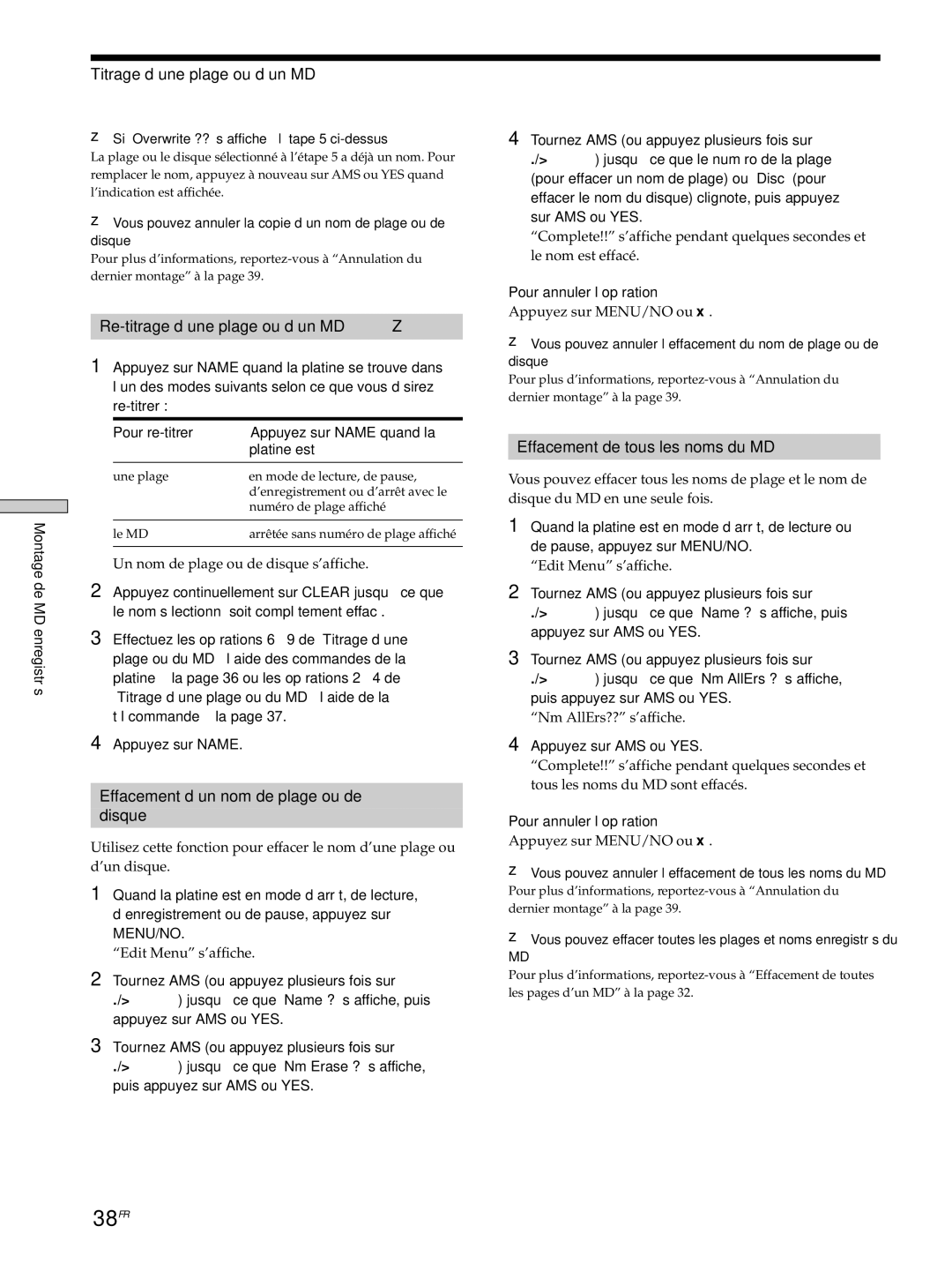 Sony MDS-JE530 manual 38FR, Titrage d’une plage ou d’un MD, Re-titrage d’une plage ou d’un MD Z 