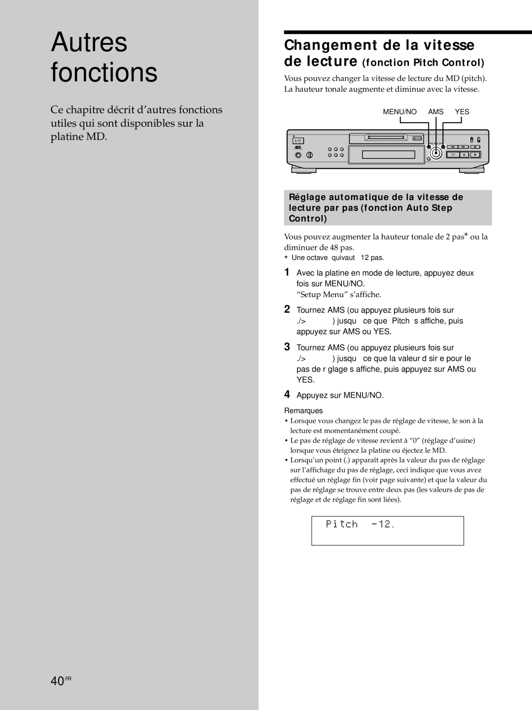 Sony MDS-JE530 manual Changement de la vitesse, 40FR, De lecture fonction Pitch Control 