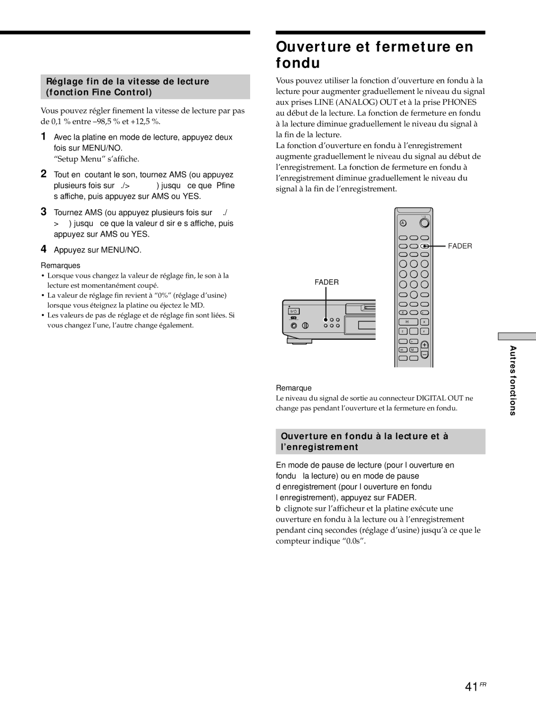 Sony MDS-JE530 manual Ouverture et fermeture en fondu, 41FR, Réglage fin de la vitesse de lecture Fonction Fine Control 