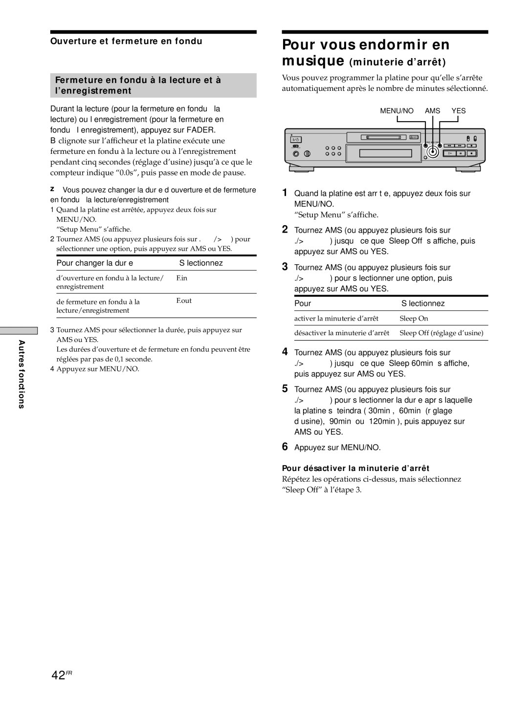 Sony MDS-JE530 manual Pour vous endormir en, 42FR, Musique minuterie d’arrêt, Pour changer la durée Sélectionnez 