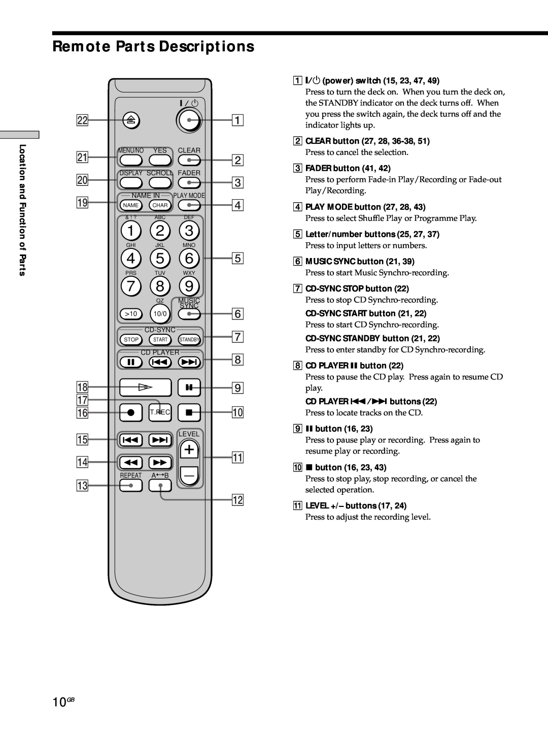 Sony MDS-JE530 manual Remote Parts Descriptions, 10GB, qd qs 