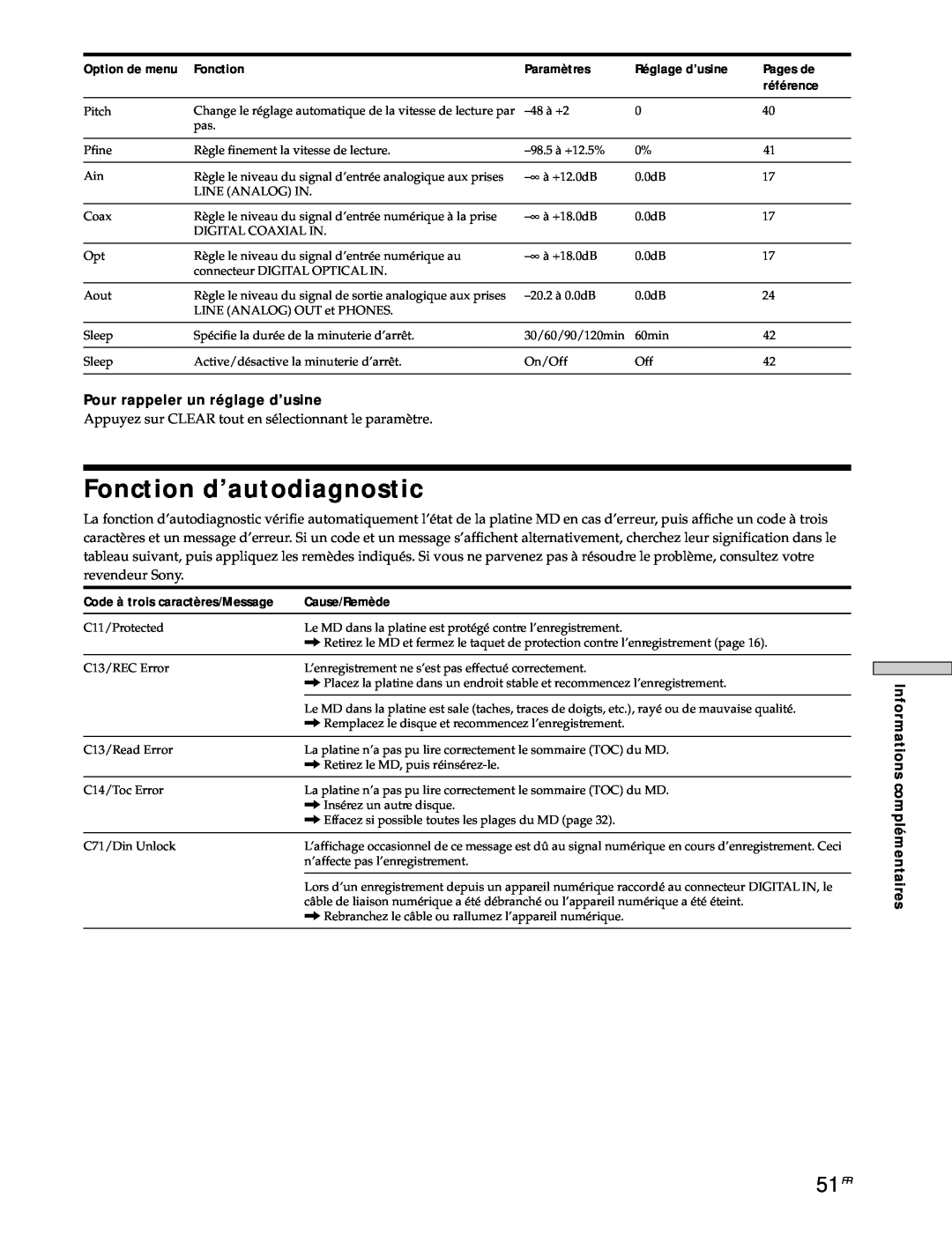 Sony MDS-JE530 manual Fonction d’autodiagnostic, 51FR 