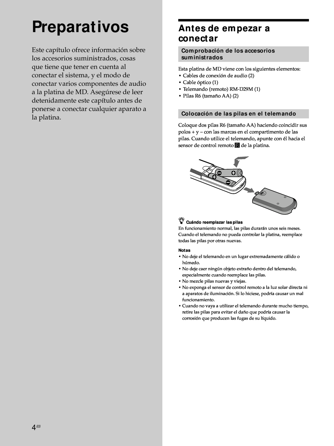 Sony MDS-JE530 manual Preparativos, Antes de empezar a conectar, Comprobación de los accesorios suministrados 