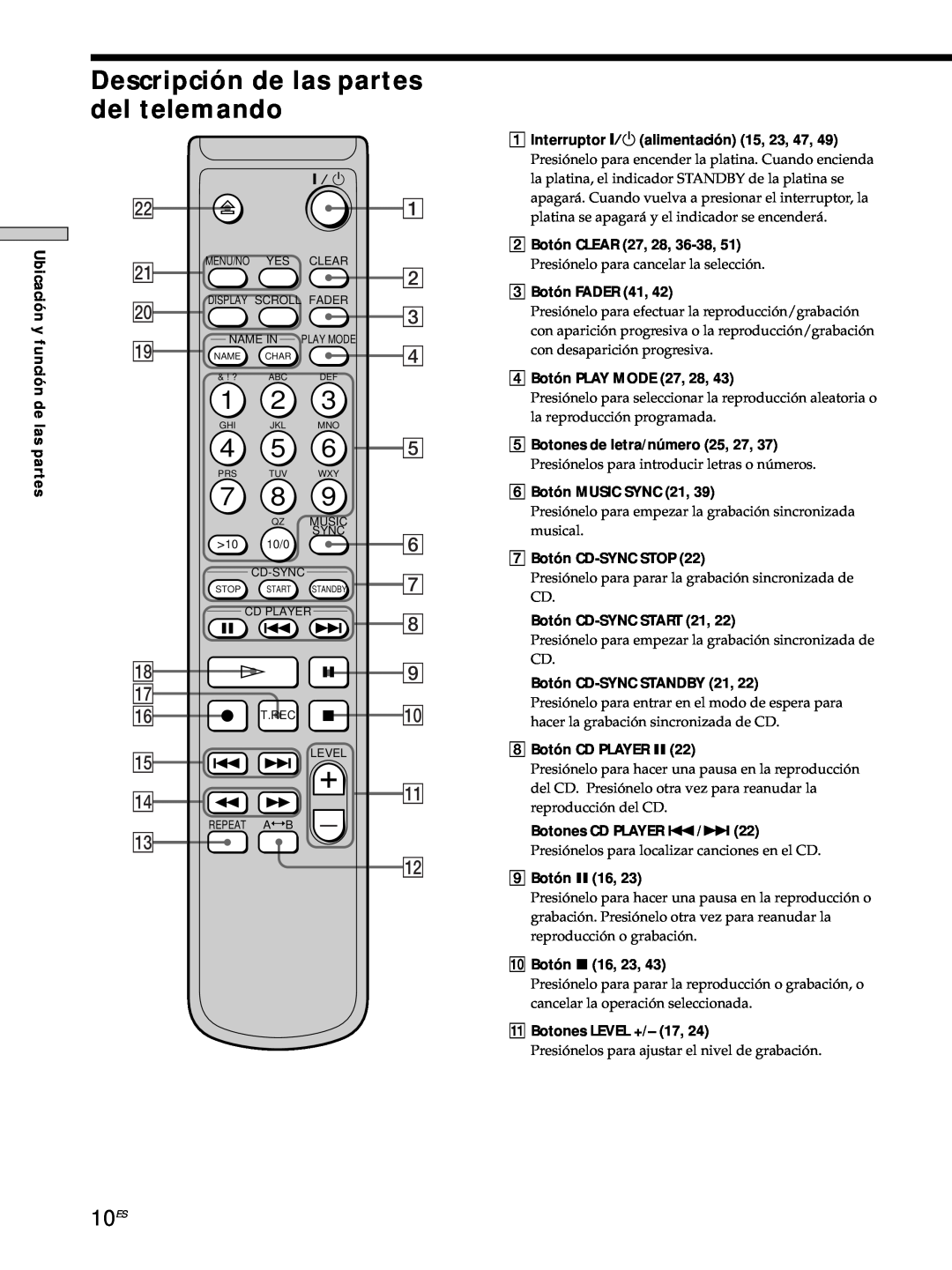 Sony MDS-JE530 manual Descripción de las partes del telemando, 10ES, qd qs 