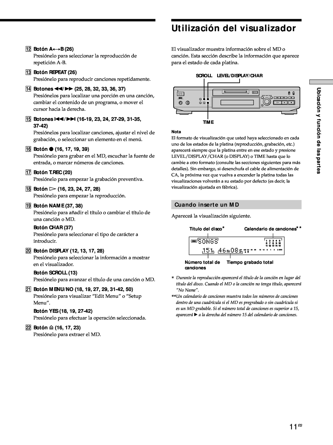 Sony MDS-JE530 manual Utilización del visualizador, 11ES, Cuando inserte un MD 