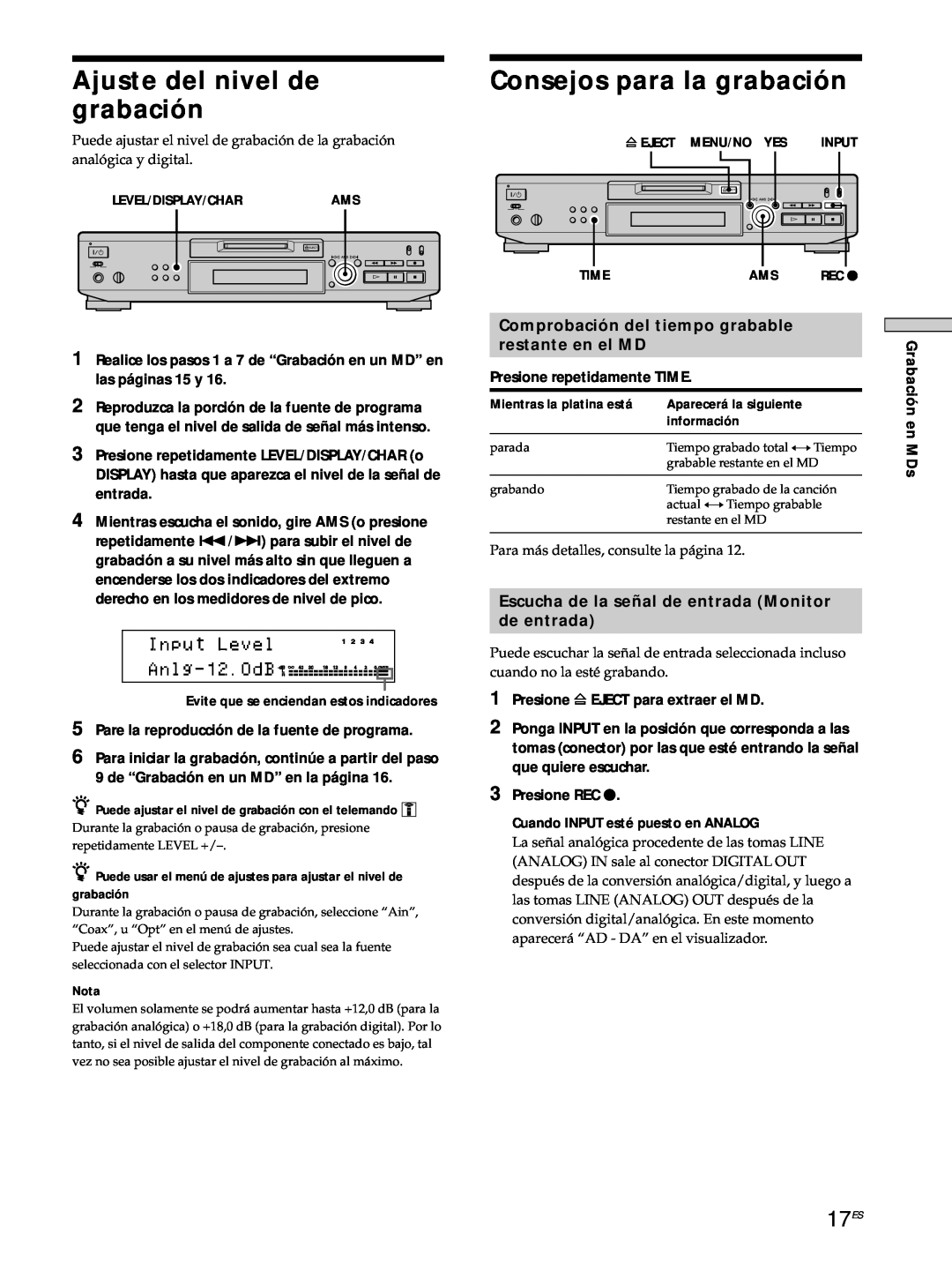 Sony MDS-JE530 manual Ajuste del nivel de grabación, Consejos para la grabación, 17ES, Comprobación del tiempo grabable 