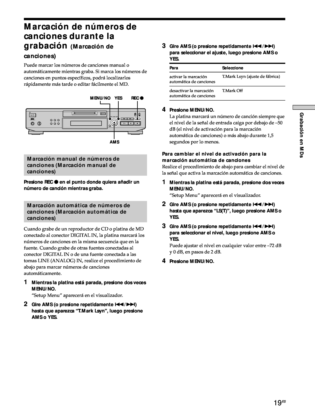 Sony MDS-JE530 manual Marcación de números de canciones durante la, 19ES, grabación Marcación de canciones 