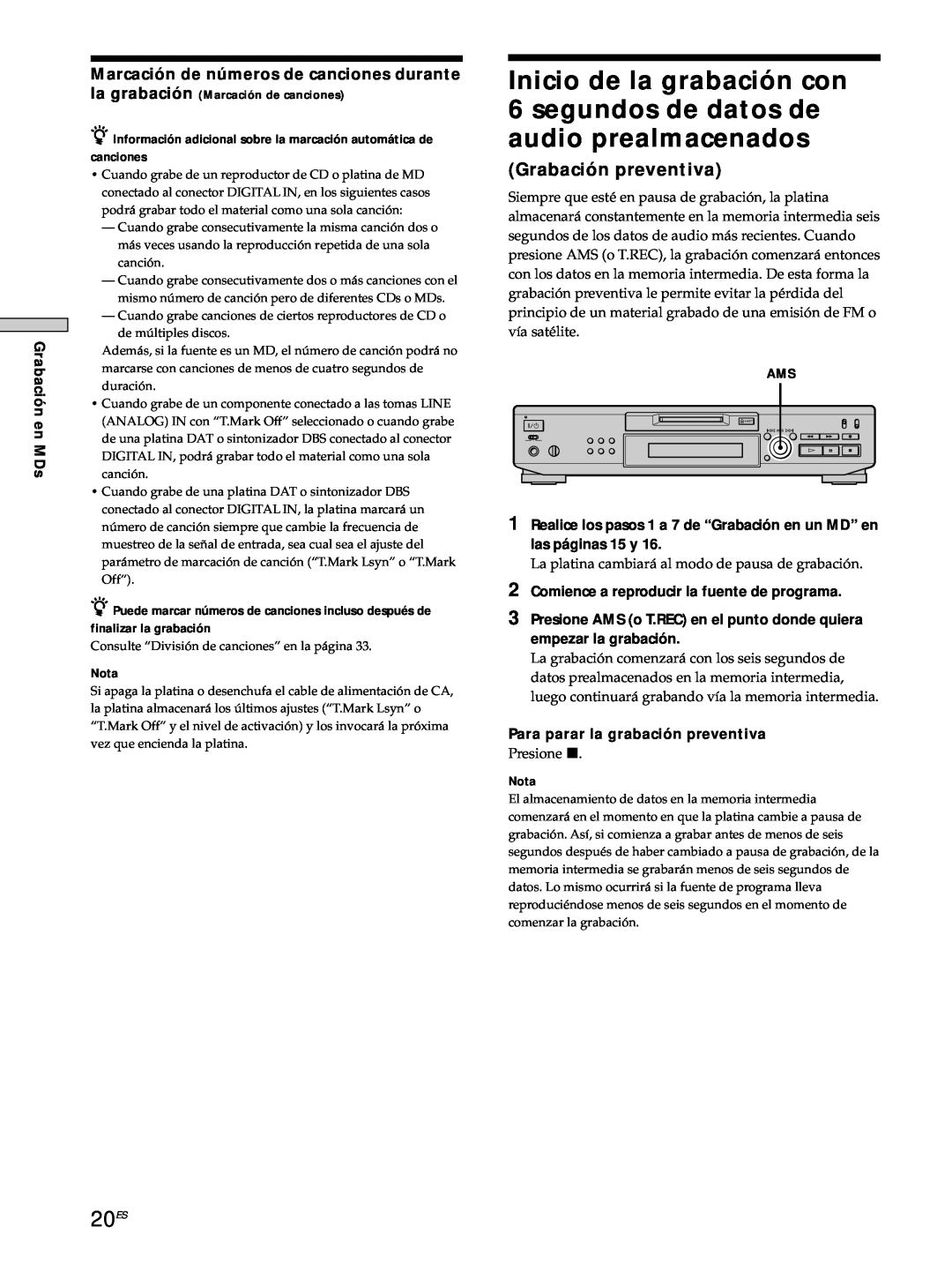 Sony MDS-JE530 manual 20ES, Grabación preventiva 