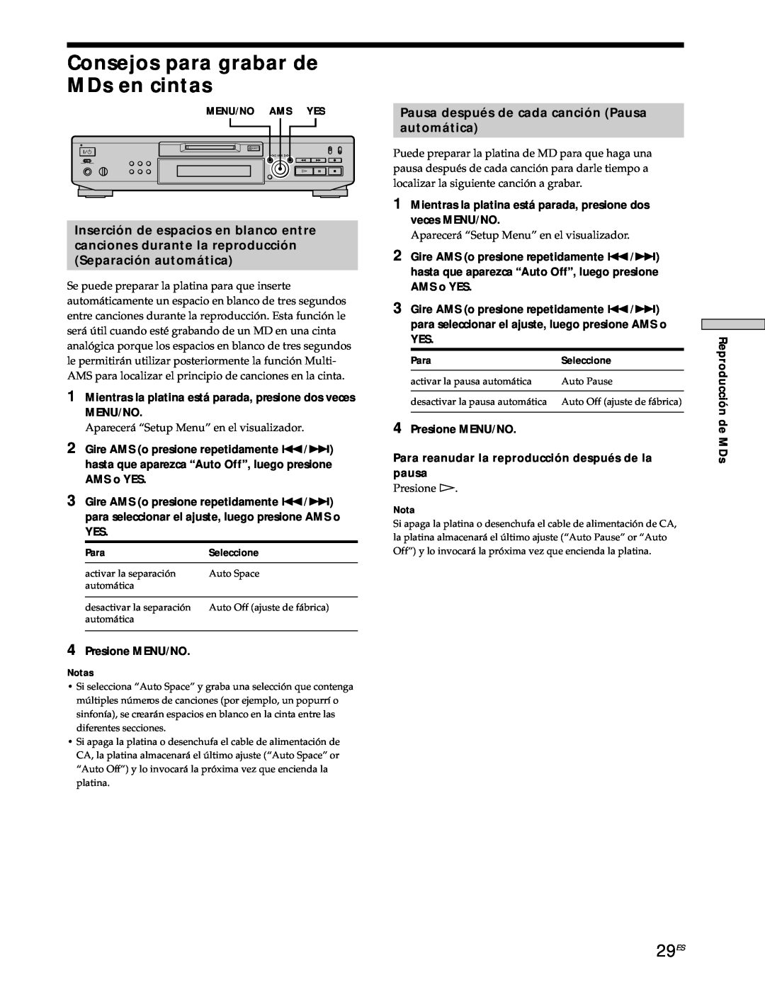 Sony MDS-JE530 manual Consejos para grabar de MDs en cintas, 29ES, Pausa después de cada canción Pausa automática 