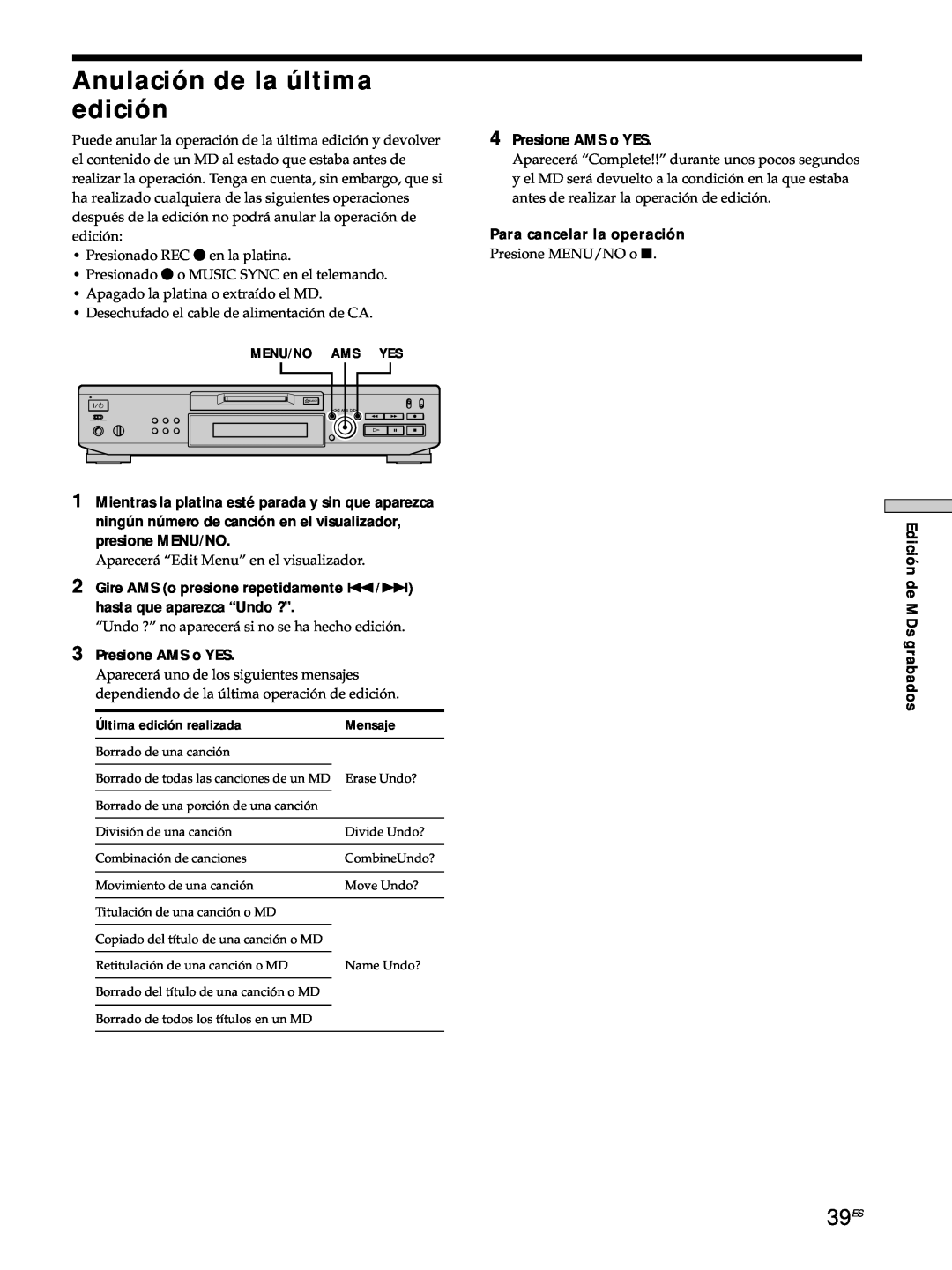 Sony MDS-JE530 manual Anulación de la última edición, 39ES 