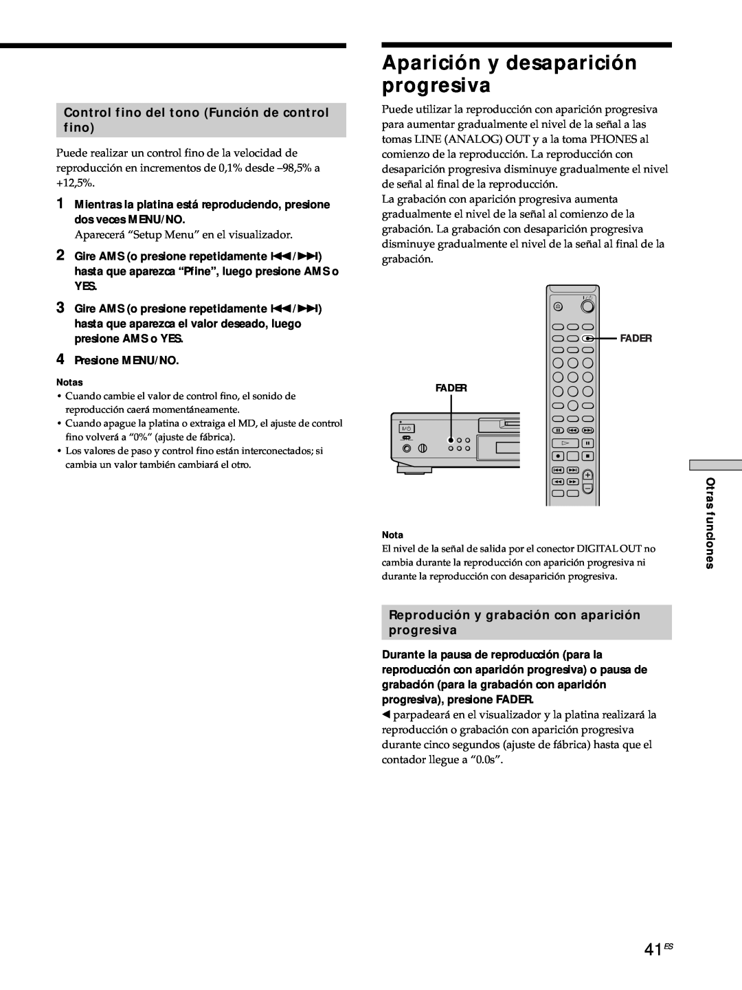 Sony MDS-JE530 manual Aparición y desaparición progresiva, 41ES, Control fino del tono Función de control fino 