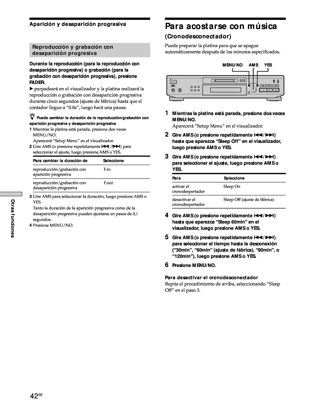 Sony MDS-JE530 manual 42ES, Cronodesconectador, Aparición y desaparición progresiva, Reproducción y grabación con 
