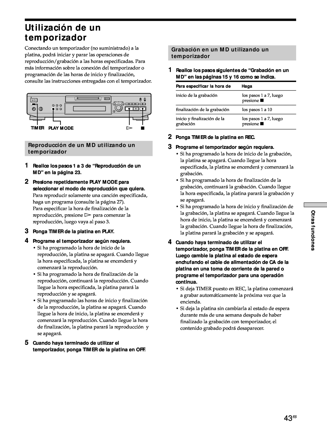Sony MDS-JE530 manual Utilización de un temporizador, 43ES, Reproducción de un MD utilizando un temporizador 