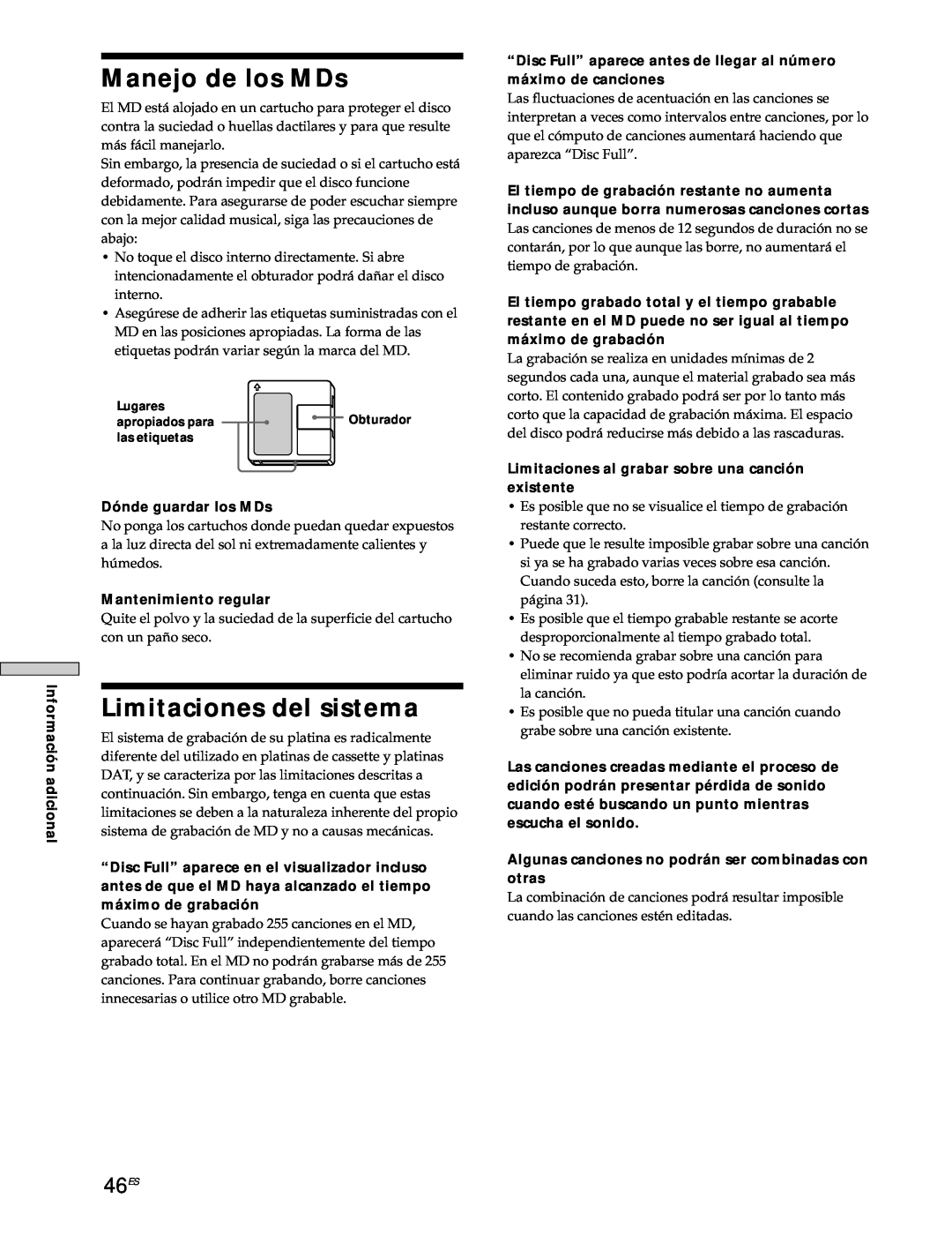 Sony MDS-JE530 manual Manejo de los MDs, Limitaciones del sistema, 46ES 