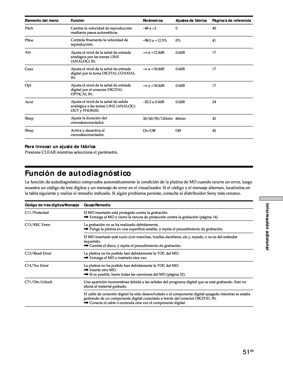 Sony MDS-JE530 manual Función de autodiagnóstico, 51ES 