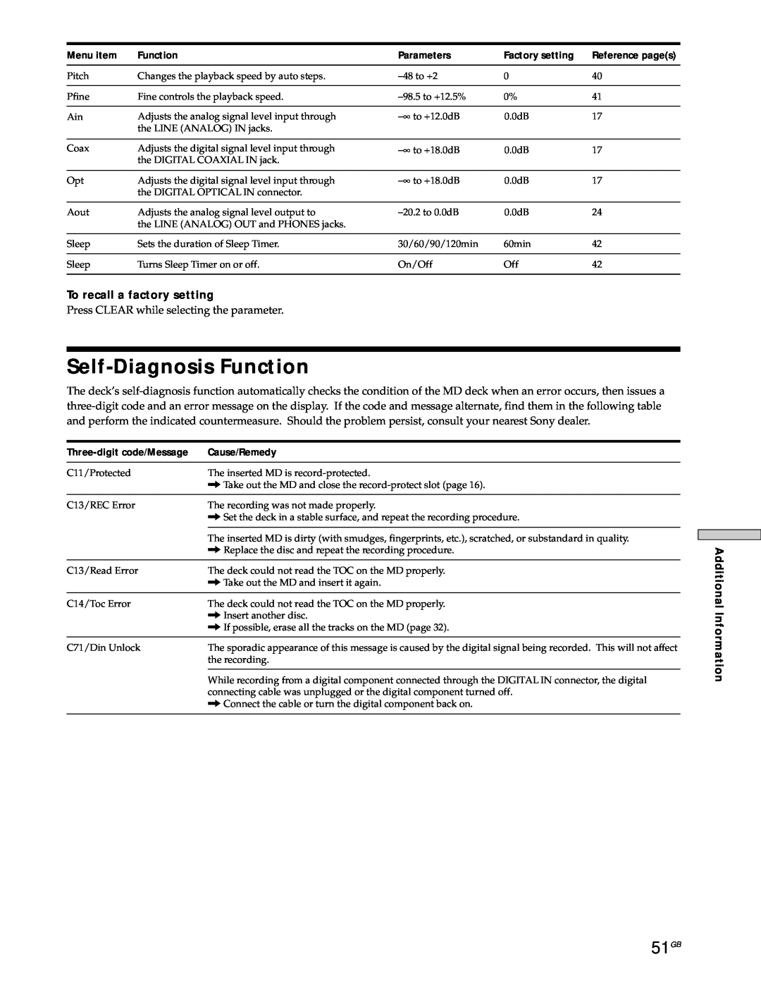 Sony MDS-JE530 manual Self-DiagnosisFunction, 51GB 