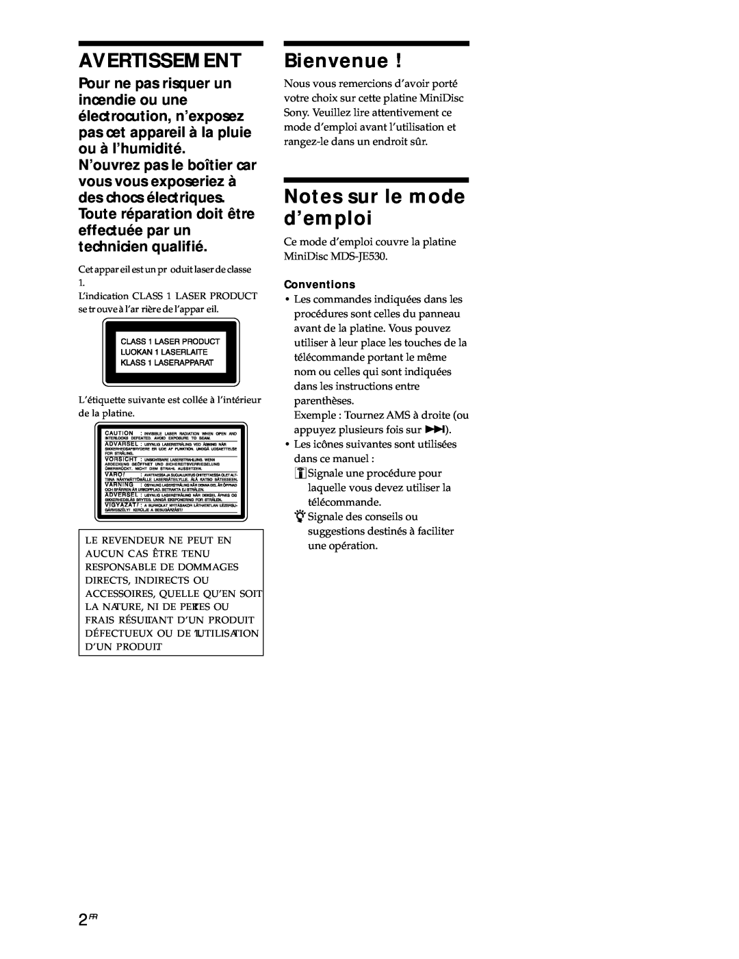 Sony MDS-JE530 manual Avertissement, Bienvenue, Notes sur le mode d’emploi 