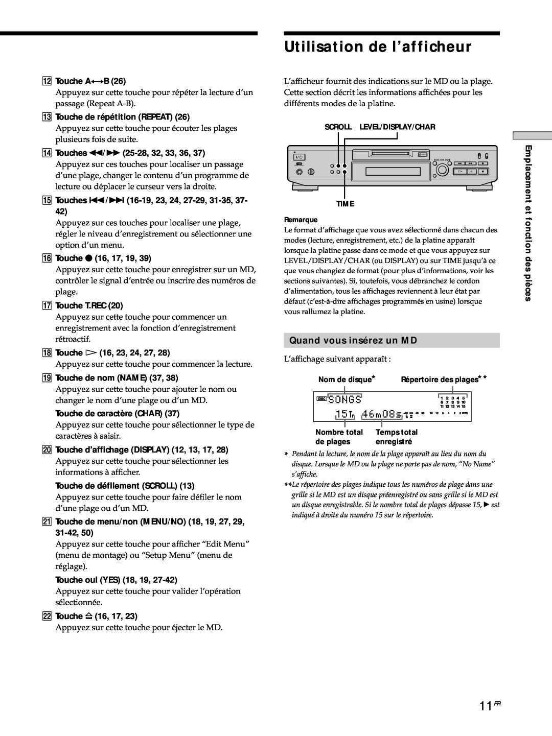 Sony MDS-JE530 manual Utilisation de l’afficheur, 11FR, Quand vous insérez un MD 
