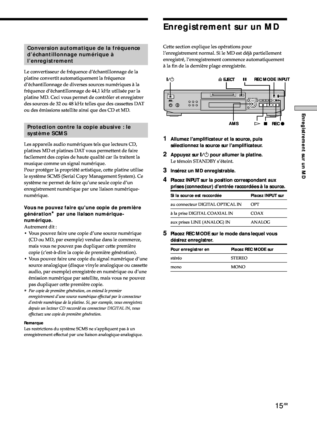 Sony MDS-JE530 manual Enregistrement sur un MD, 15FR, Protection contre la copie abusive : le, système SCMS 