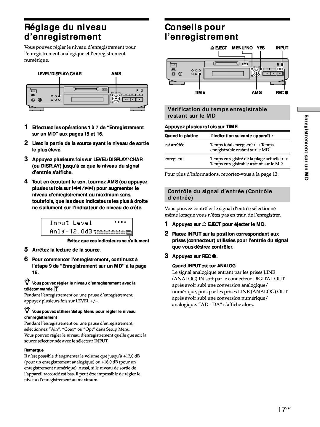 Sony MDS-JE530 manual Réglage du niveau d’enregistrement, Conseils pour l’enregistrement, 17FR, restant sur le MD 