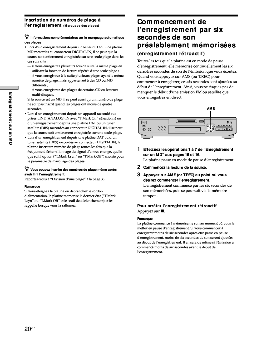 Sony MDS-JE530 manual 20FR, enregistrement rétroactif 