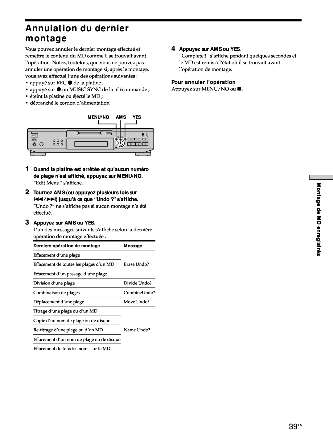 Sony MDS-JE530 manual Annulation du dernier montage, 39FR 