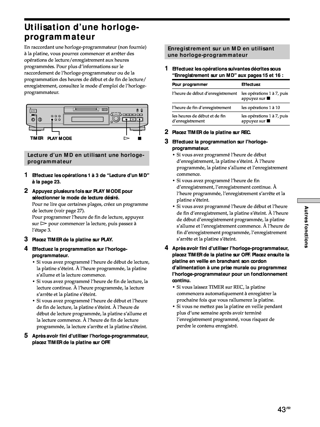 Sony MDS-JE530 manual 43FR, Enregistrement sur un MD en utilisant, une horloge-programmateur 