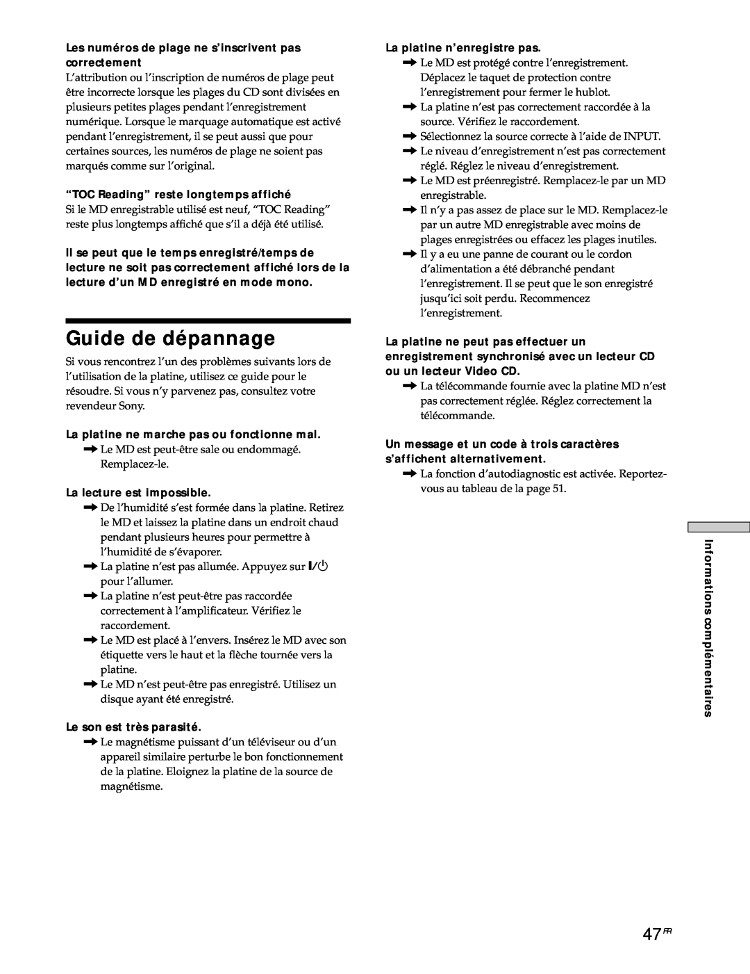 Sony MDS-JE530 manual Guide de dépannage, 47FR 