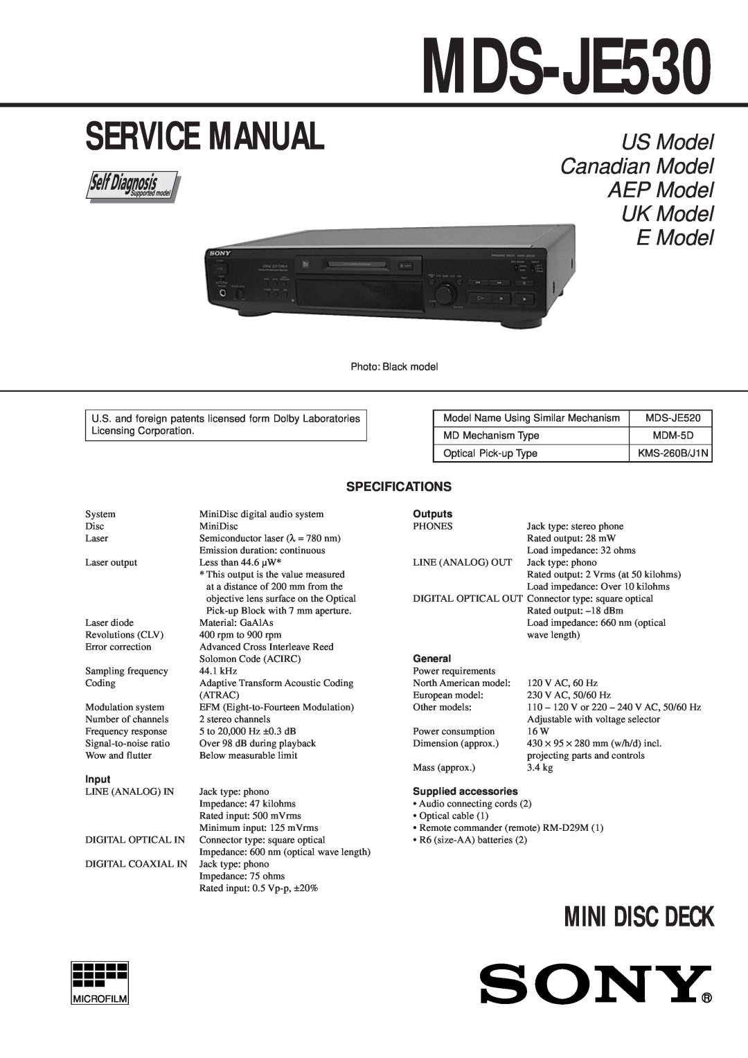 Sony MDS-JE530 service manual Specifications, Service Manual, Mini Disc Deck, US Model Canadian Model AEP Model UK Model 