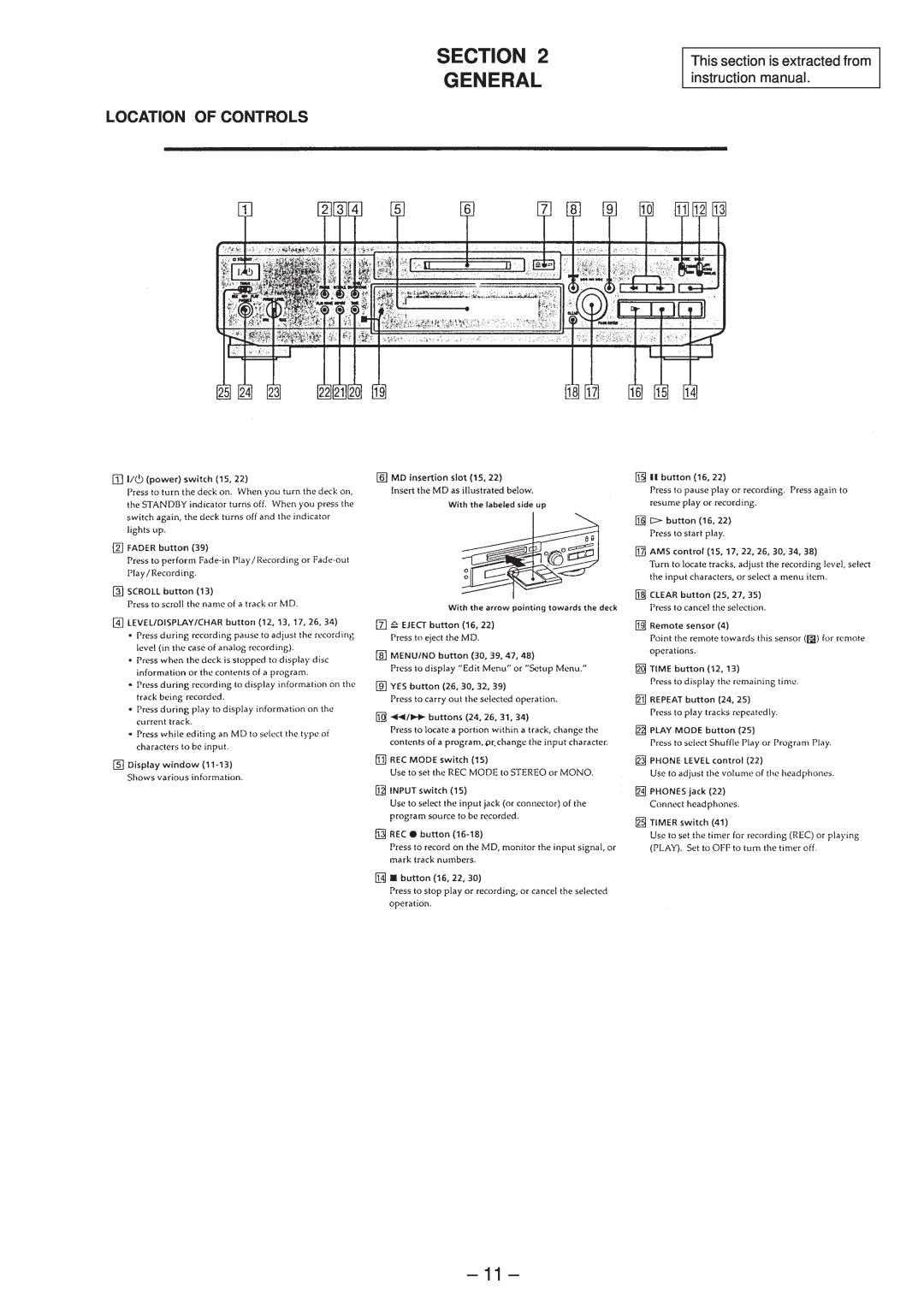 Sony MDS-JE530 service manual Section General, 11, Location Of Controls, This section is extracted from instruction manual 