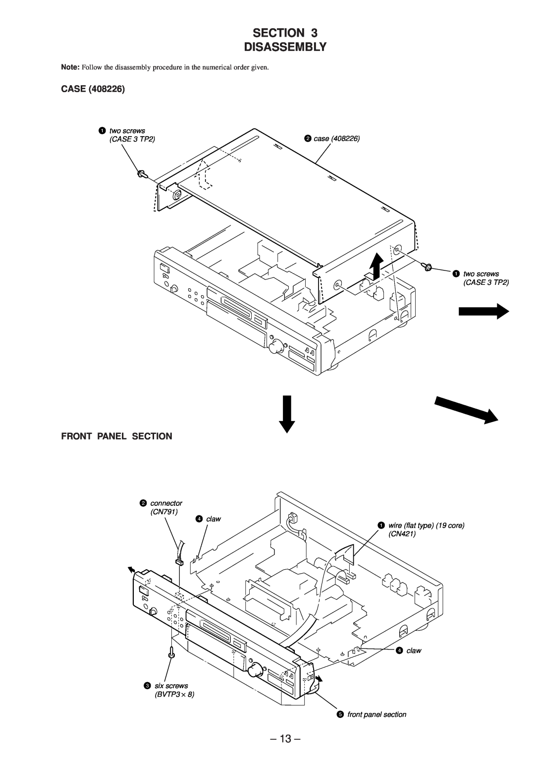 Sony MDS-JE530 service manual Section Disassembly, 13, Case, Front Panel Section 